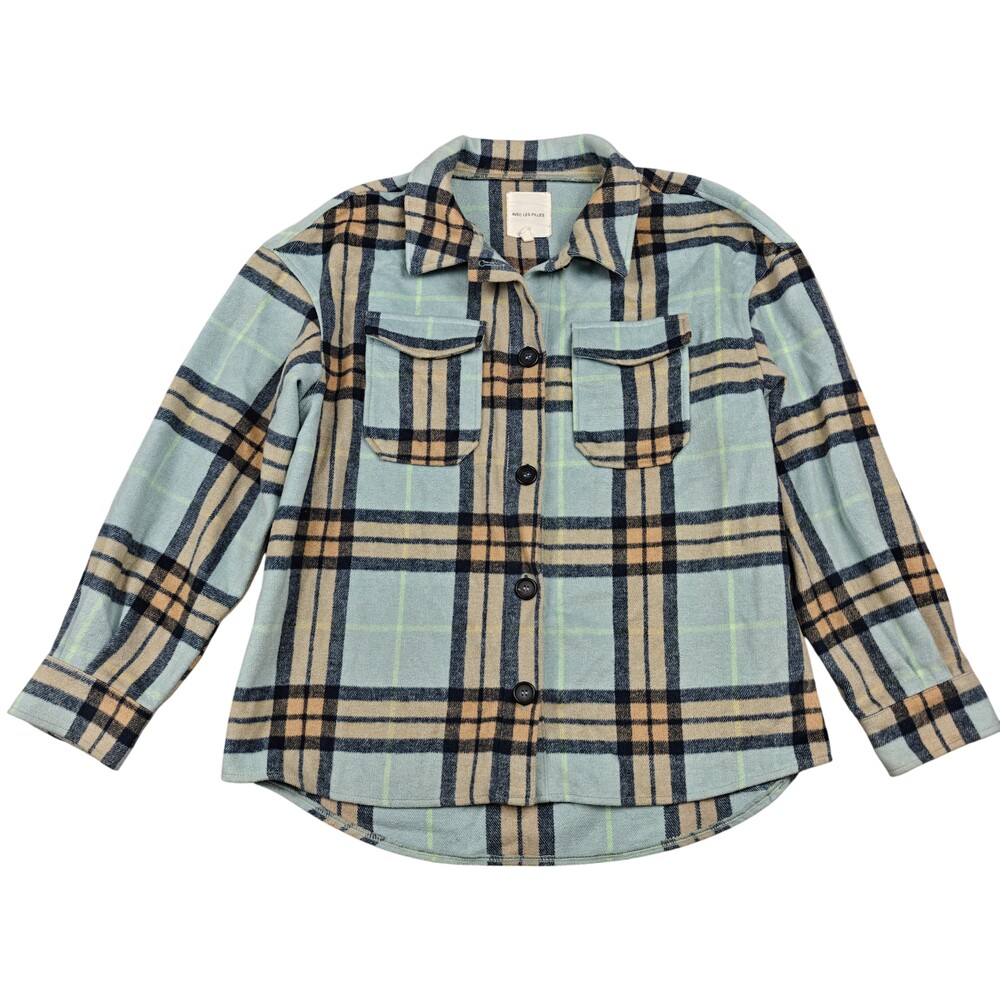 Avec Les Filles Jacket Womens Large Green Plaid Flannel Collared Pockets Button